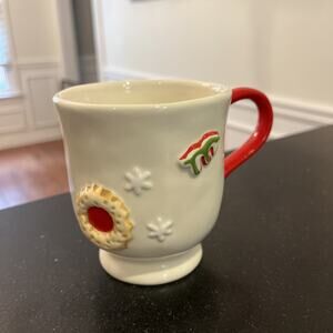 HOLIFAYE Christmas Candy Mug- ANTHROPOLOGIE 4" Festive Holiday Cup w/ Red Handle